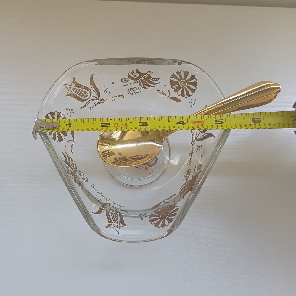 MCM Georges Briard Gold Floral Glass Bowl Jacobean Flowers W/ Gold Spoon - Picture 14 of 16